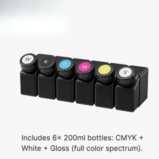 200ML x6 | White + Glossy + CMYKUV | UV Ink Set